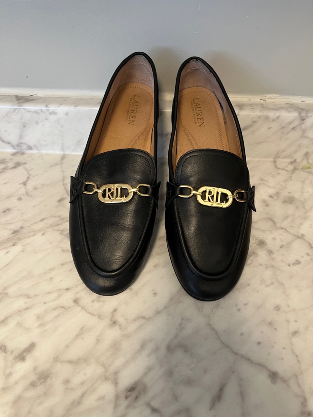 Ralph Lauren Black Leather Loafers with Gold Hardware